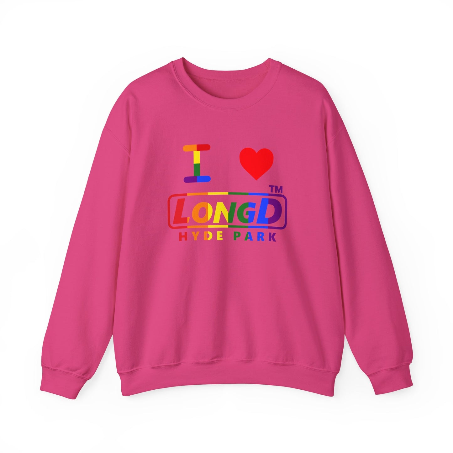 I Luv LongD positive vertical striped Hyde Park logo crewneck sweatshirt (Pride colors)