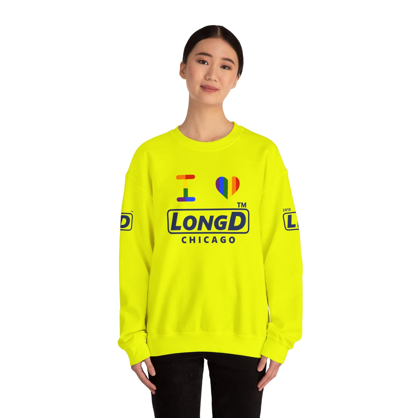 I Luv LongD official basic 4-print Chicago logo crewneck sweatshirt with Pride heart