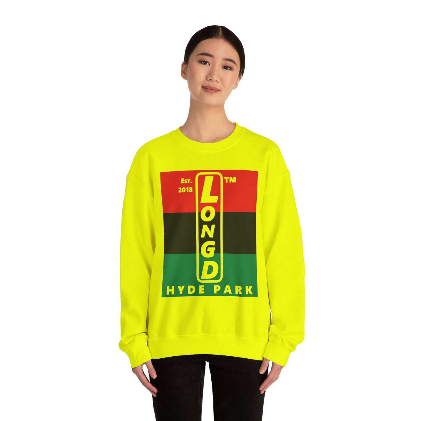 LongD negative horizontal 3-striped Hyde Park upright logo crewneck sweatshirt (Juneteenth colors)
