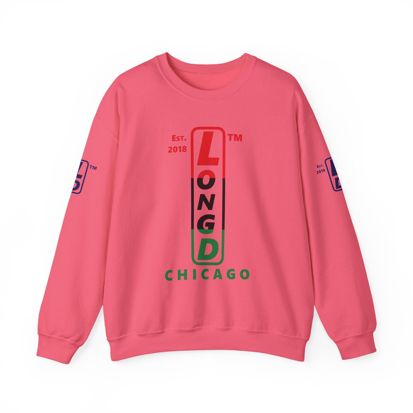 LongD positive horizontal 3-striped Chicago 4-print upright logo crewneck sweatshirt (Juneteenth colors)
