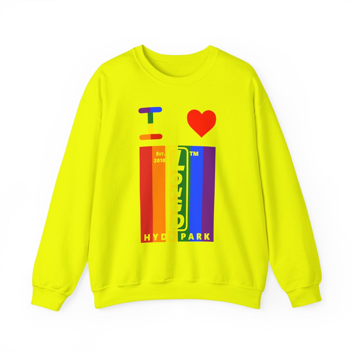 I Luv LongD negative vertical 6-striped Hyde Park upright logo crewneck sweatshirt