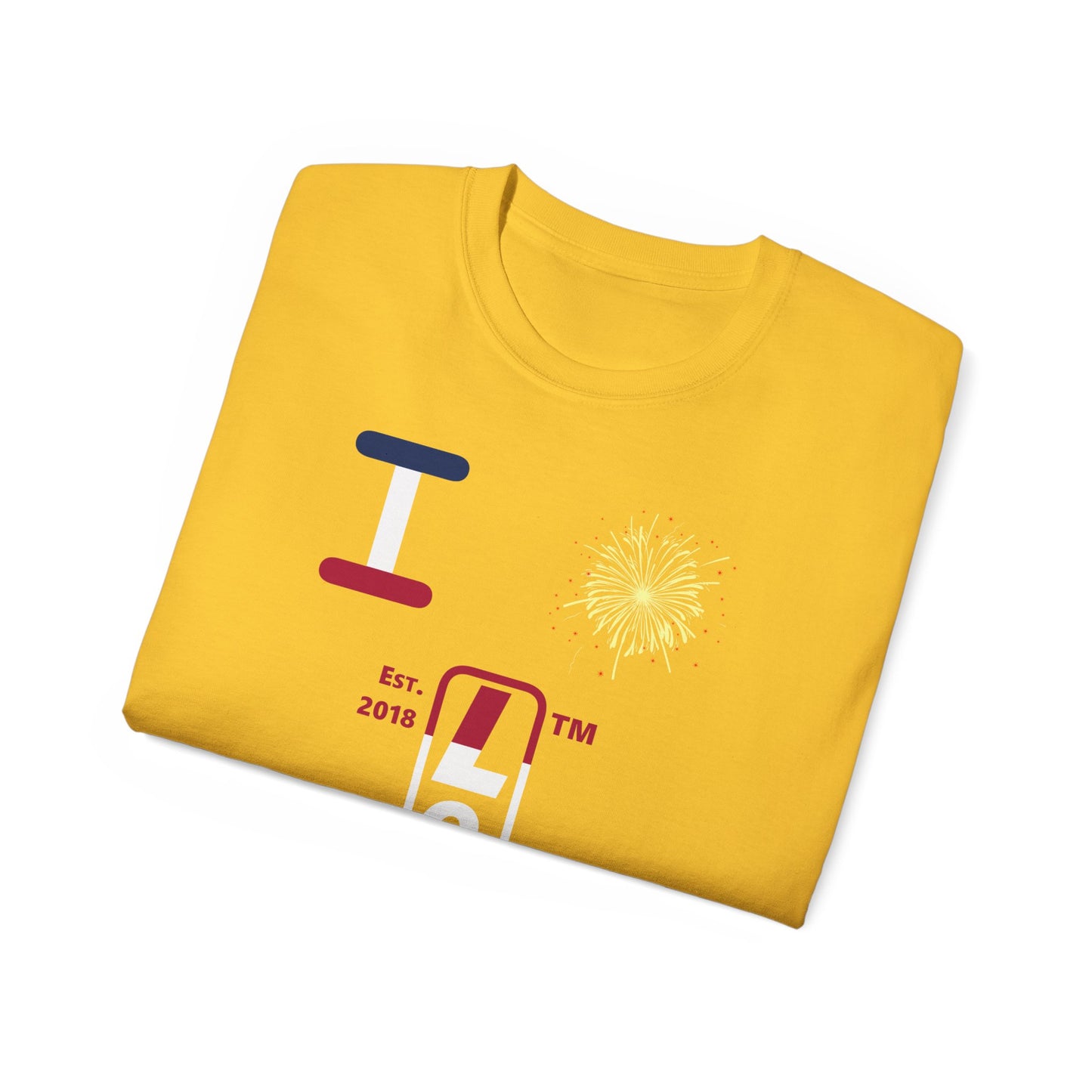 I Burst LongD cotton tee positive horizontal 6-striped Hyde Park upright logo (Patriotic colors)