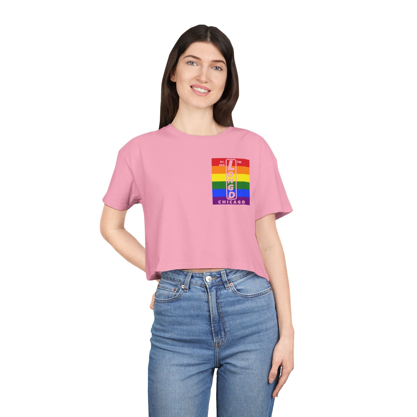 Negative horizontal 6-striped upright single-breasted Chicago logo crop tee (Pride colors)