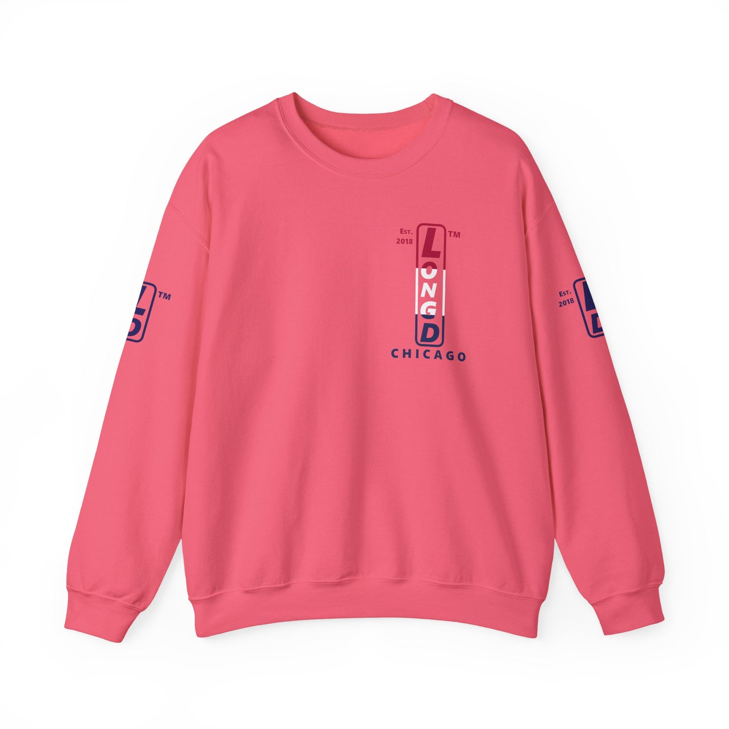 LongD positive horizontal 3-striped Chicago upright 4-print single-breasted logo crewneck sweatshirt (patriotic colors)