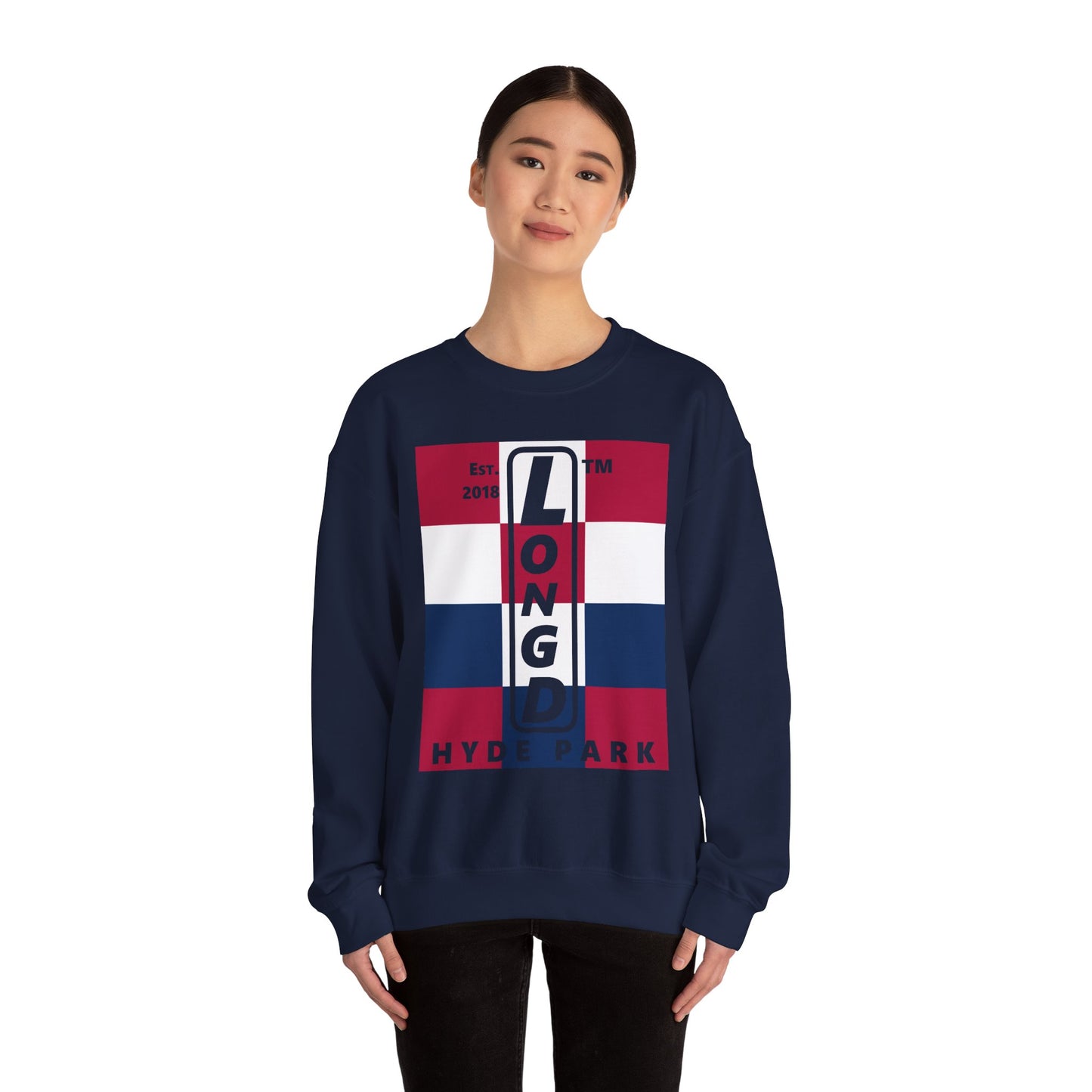 LongD negative 4x3 Hyde Park upright logo crewneck sweatshirt (patriotic colors)