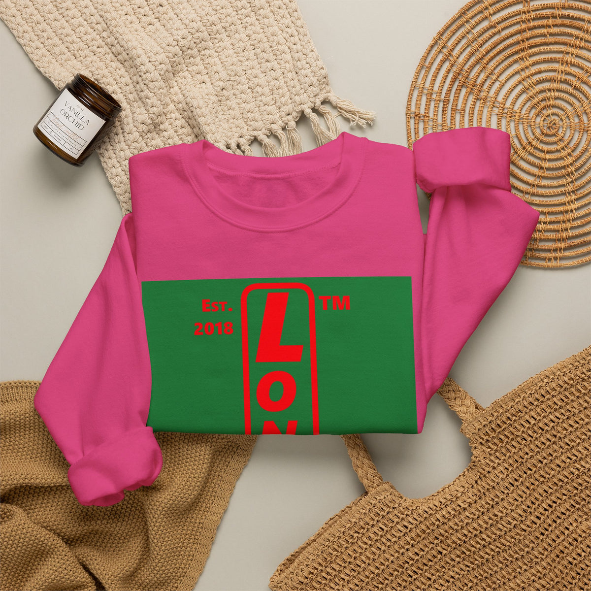 LongD Chicago upright logo positive red on negative green (Xmas colors) crewneck sweatshirt