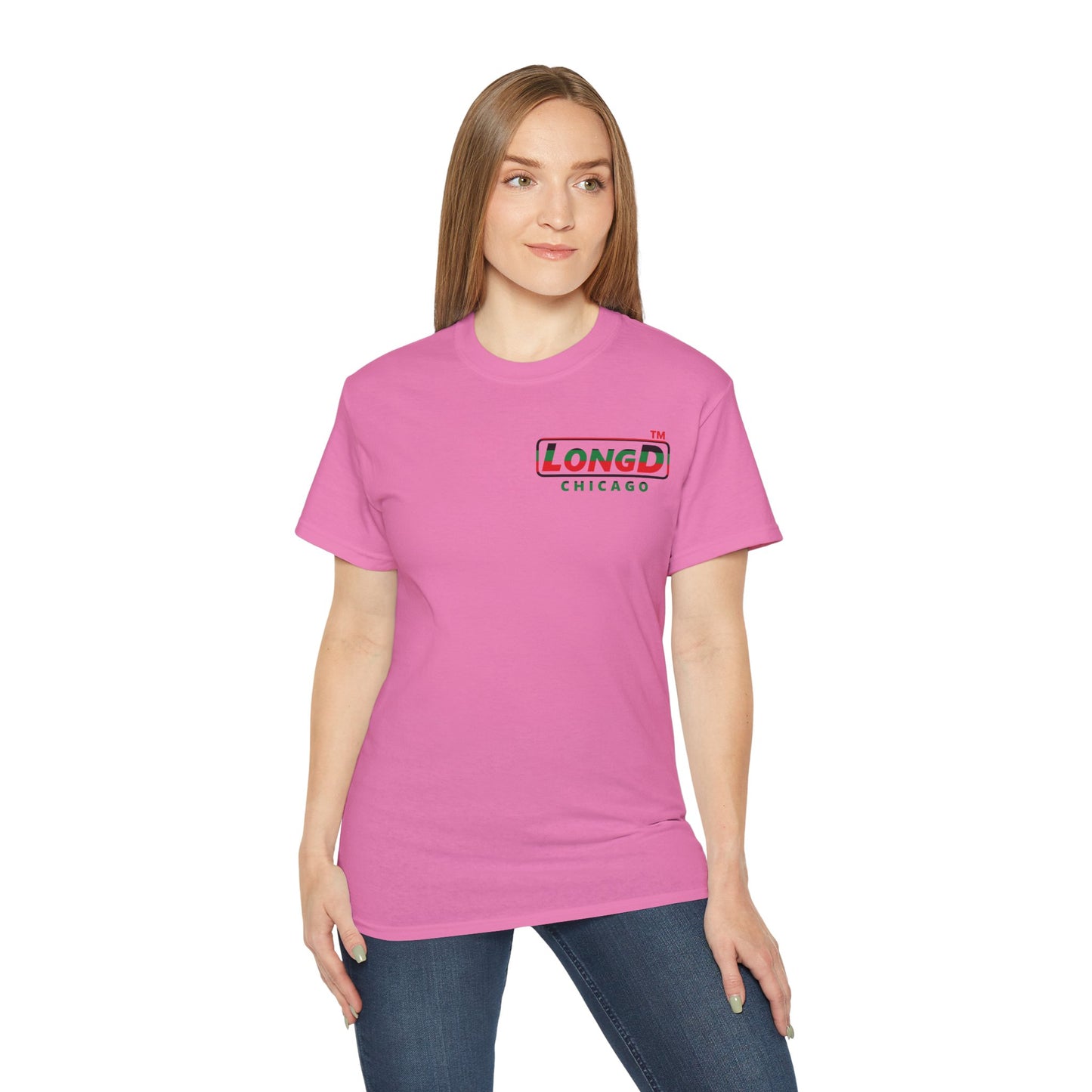 LongD positive horizontal 6-striped Chicago logo single-breasted front-back cotton tee (Juneteenth colors)