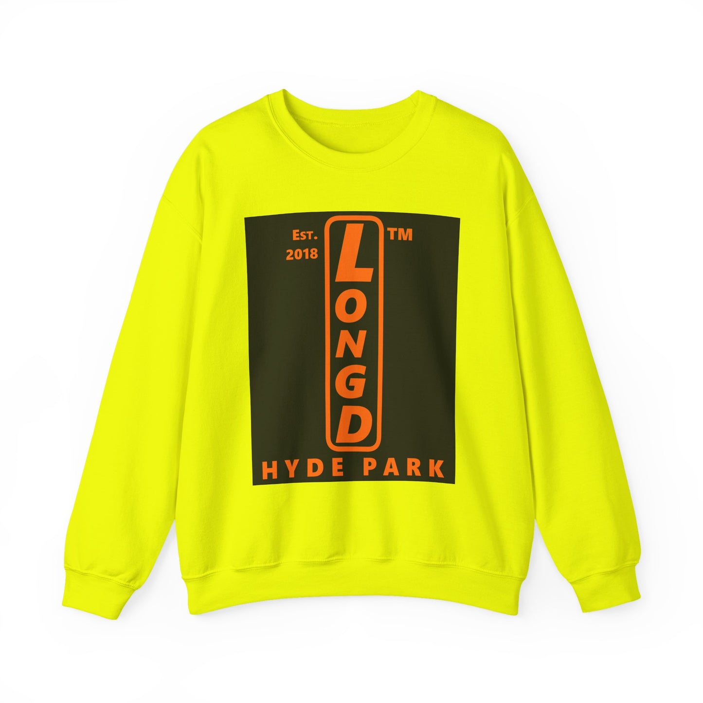 LongD Hyde Park upright front-back logo orange (FE7518) on Black (000000) crewneck sweatshirt