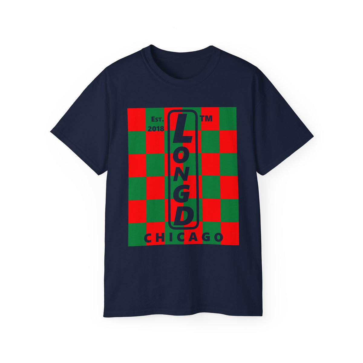LongD Chicago negative upright checkered logo (Xmas colors) cotton tee