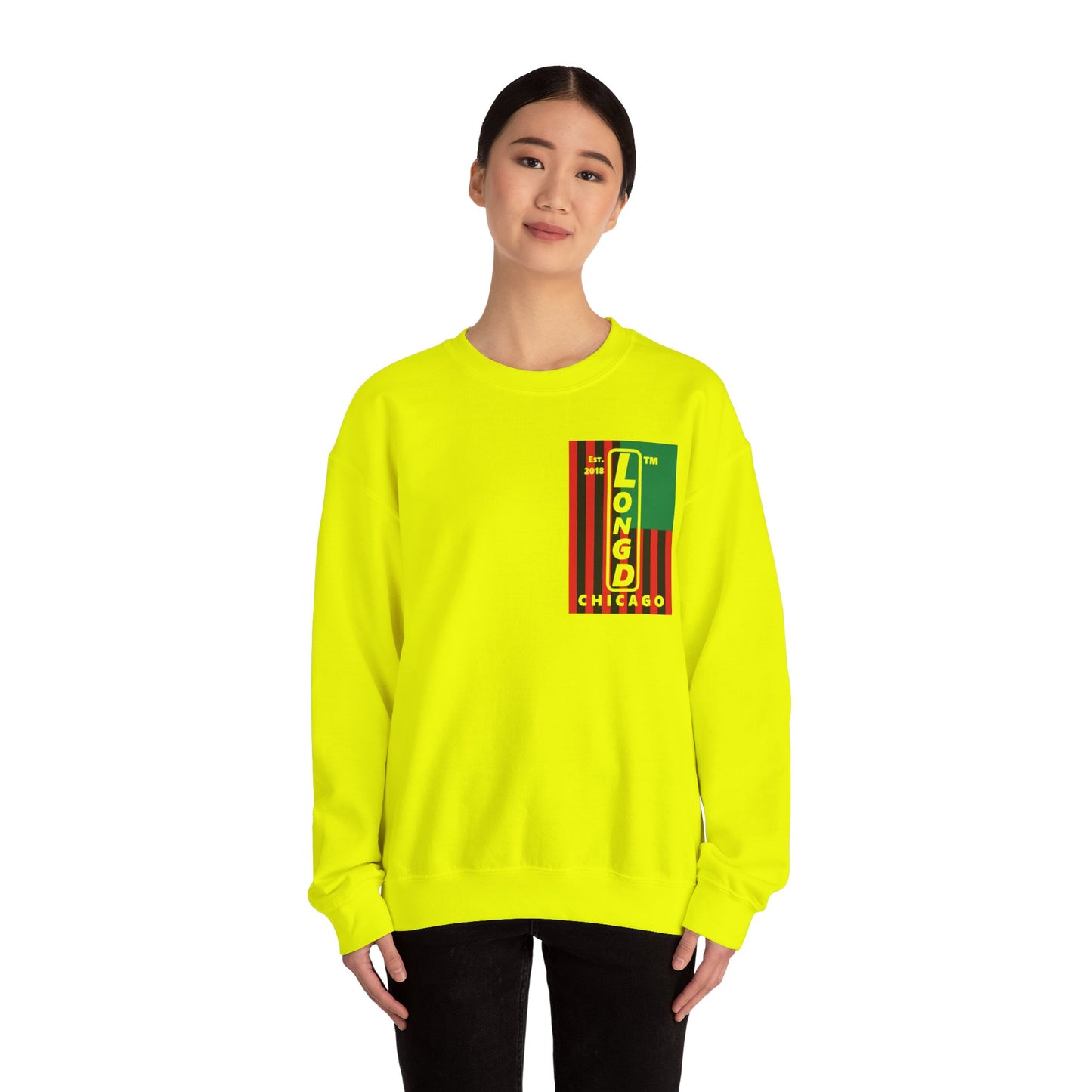 LongD negative cropped flag single-breasted front-back Chicago upright logo crewneck sweatshirt (Juneteenth colors)