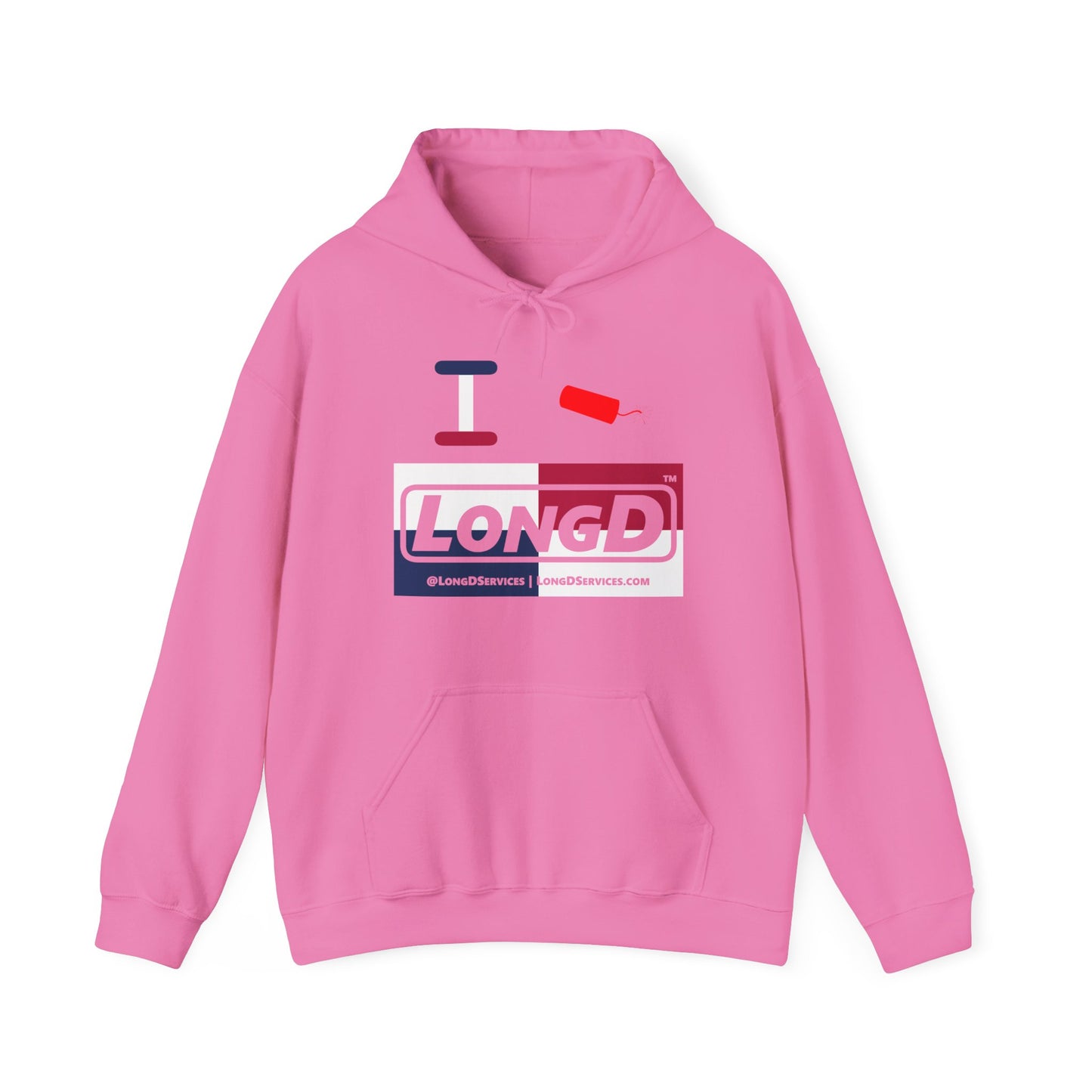 I Firecracker LongD® Logo Hoodie red, white and blue negative quarters