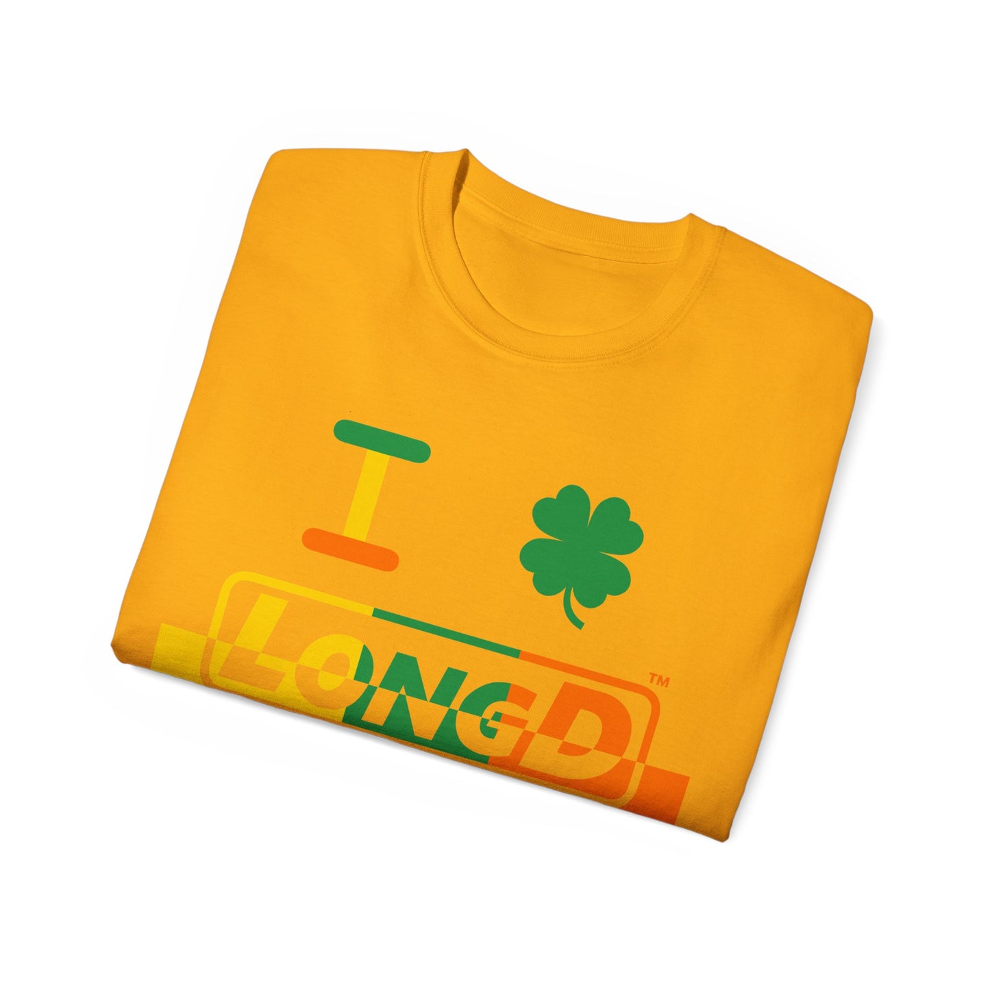 I Clover LongD® Logo Cotton Tee (St. Patrick's Day -Irish Green, Golden Yellow and Irish Orange thirds top-bottom positive-negative split with 4-leaf clover)