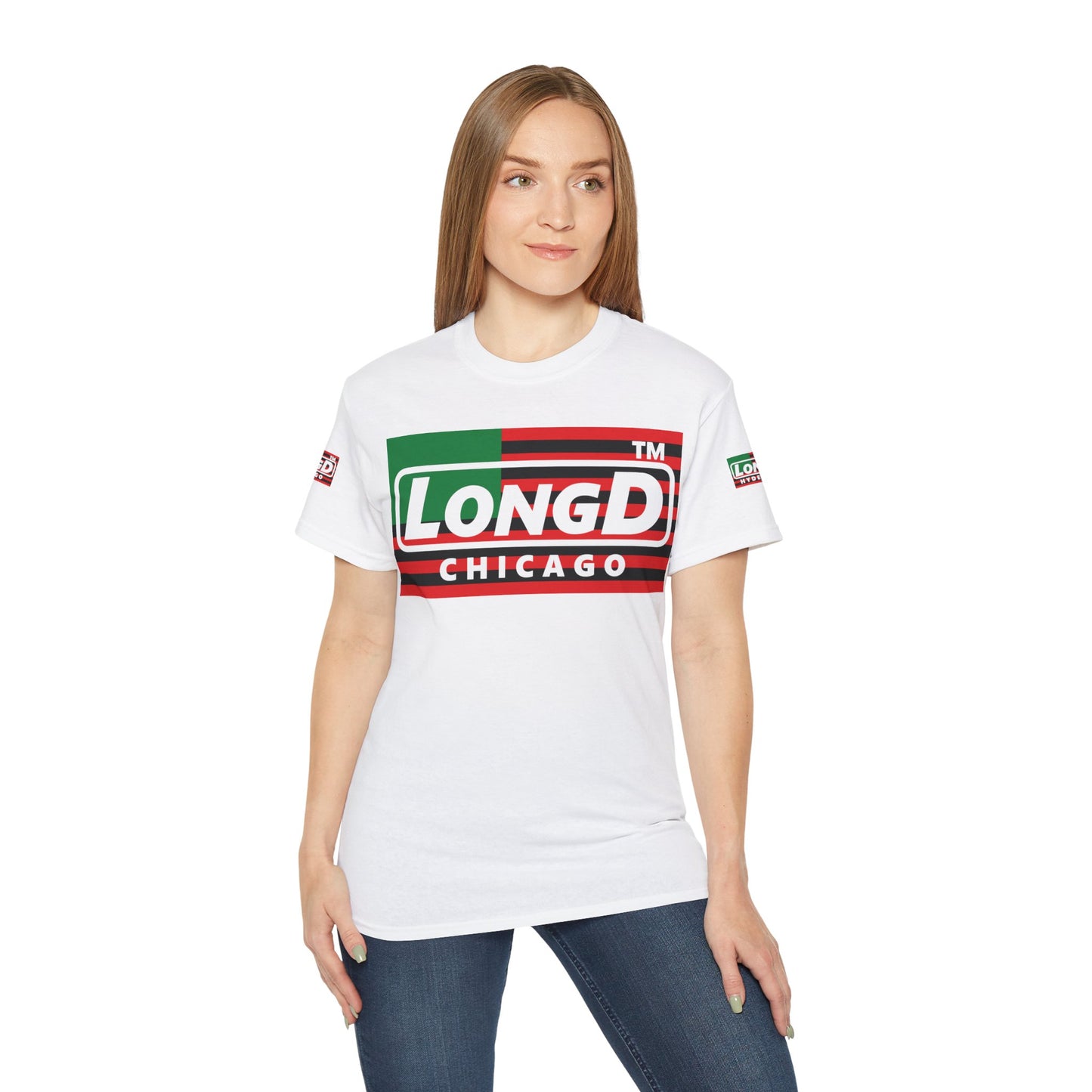 LongD negative flag Chicago logo 4-print cotton tee (Juneteenth colors)