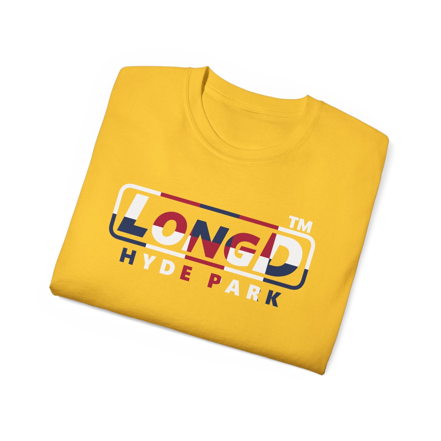 LongD positive 2x5 front-back Hyde Park logo cotton tee (patriotic colors)