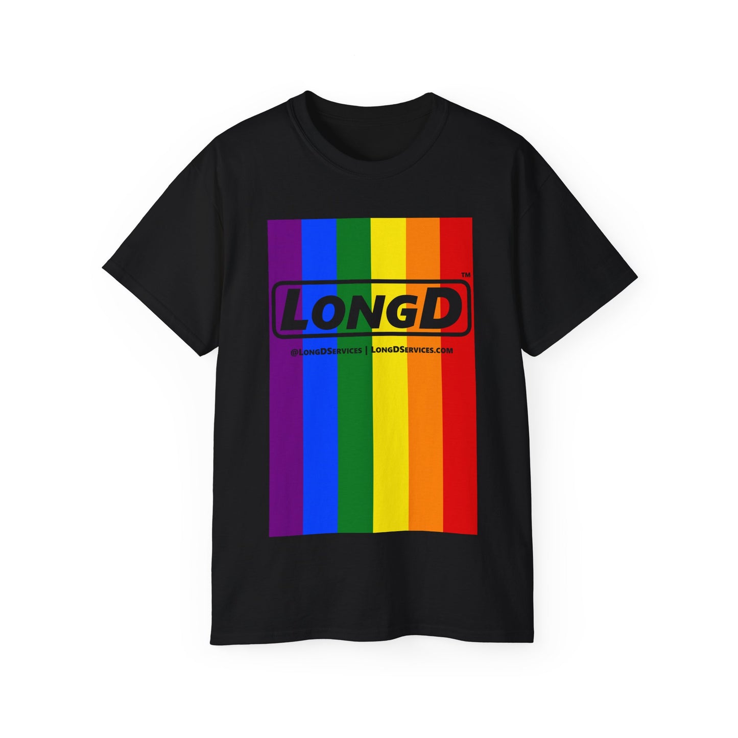 LongD® Logo Cotton Tee Pride rainbow vertical flag negative text