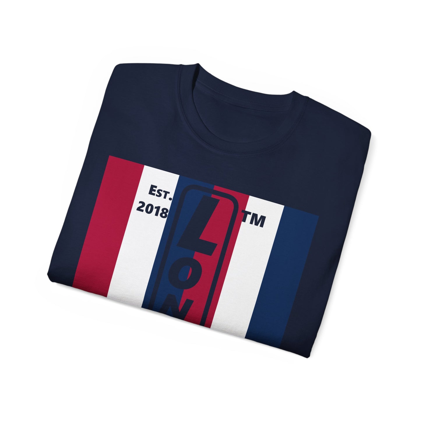 LongD cotton tee negative vertical 6-striped Hyde Park upright logo (Patriotic colors)