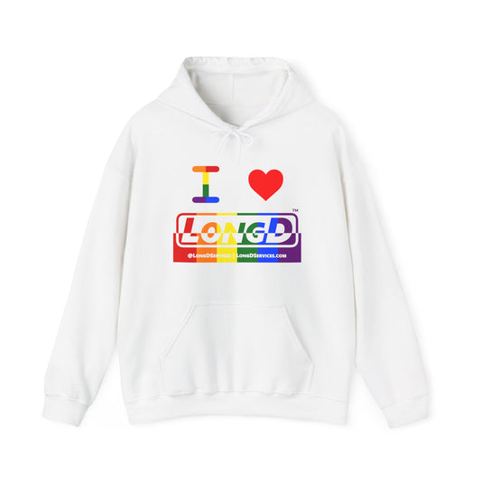 I Luv LongD® Logo Hoodie with Pride rainbow positive top negative bottom text