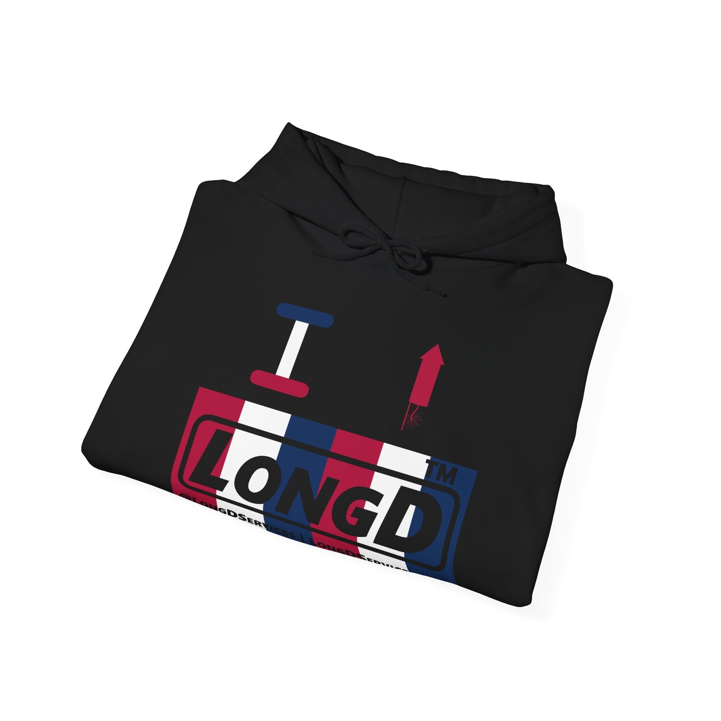 I firecracker LongD® negative vertical 6-striped tag-domain logo hoodie
