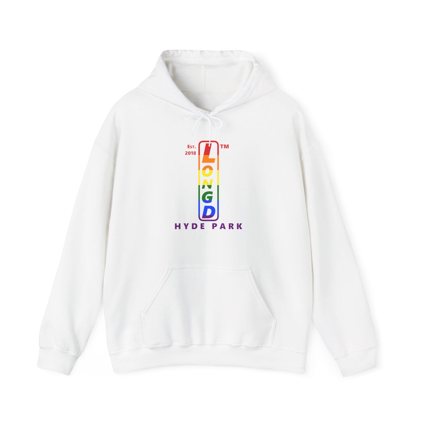 LongD® positive horizontal 6-striped Hyde Park logo hoodie (Pride colors)