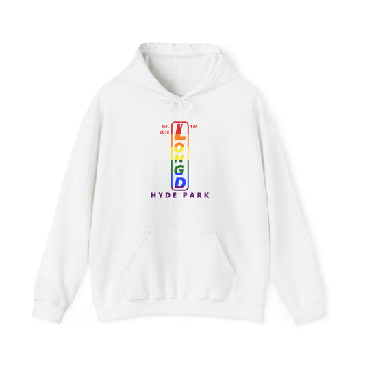 LongD® positive horizontal 6-striped Hyde Park logo hoodie (Pride colors)