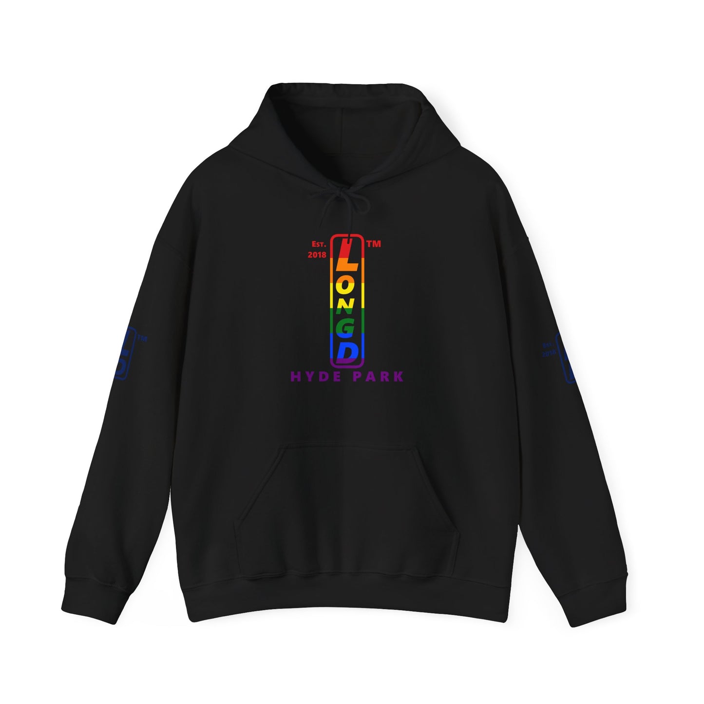 LongD® positive horizontal 6-striped Hyde Park 4-print upright logo hoodie (Pride colors)