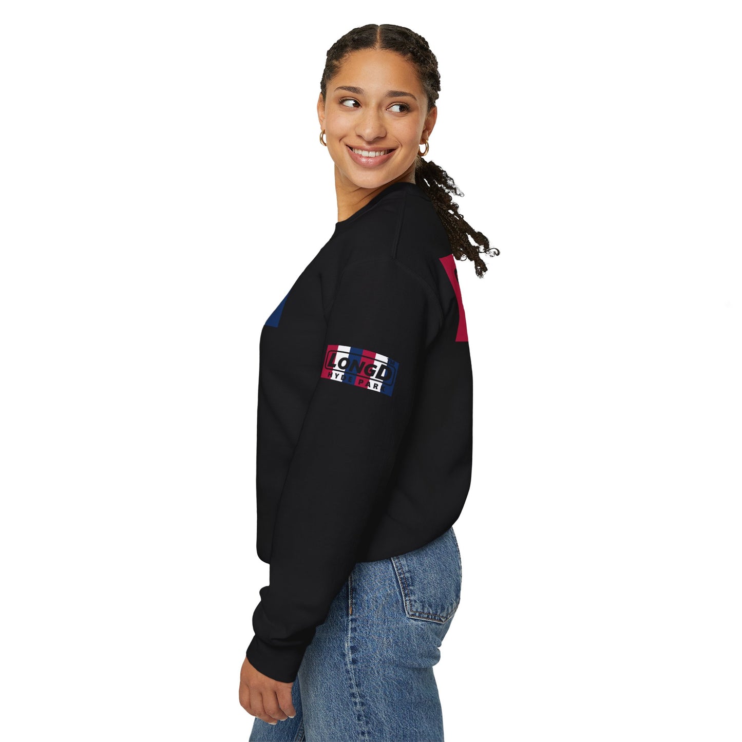 LongD negative vertical 6-striped 4-print single-breasted Chicago logo crewneck sweatshirt (patriotic colors)