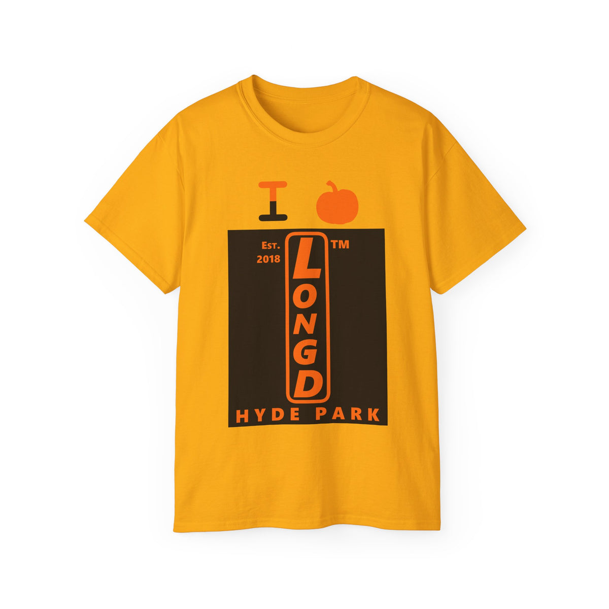 I pumpkin LongD Hyde Park upright logo positive orange on negative black cotton tee