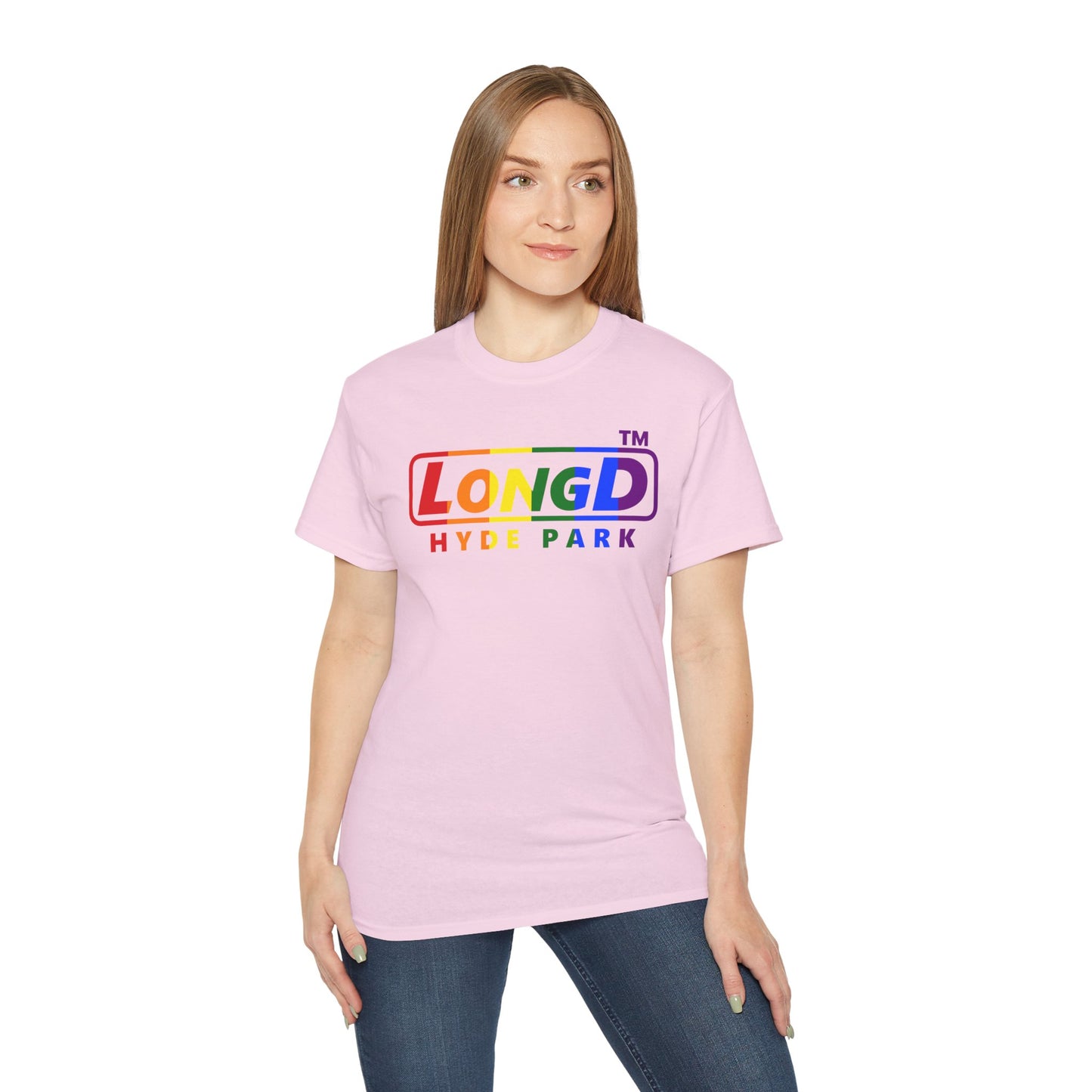 LongD positive vertical striped Hyde Park logo cotton tee (Pride colors)