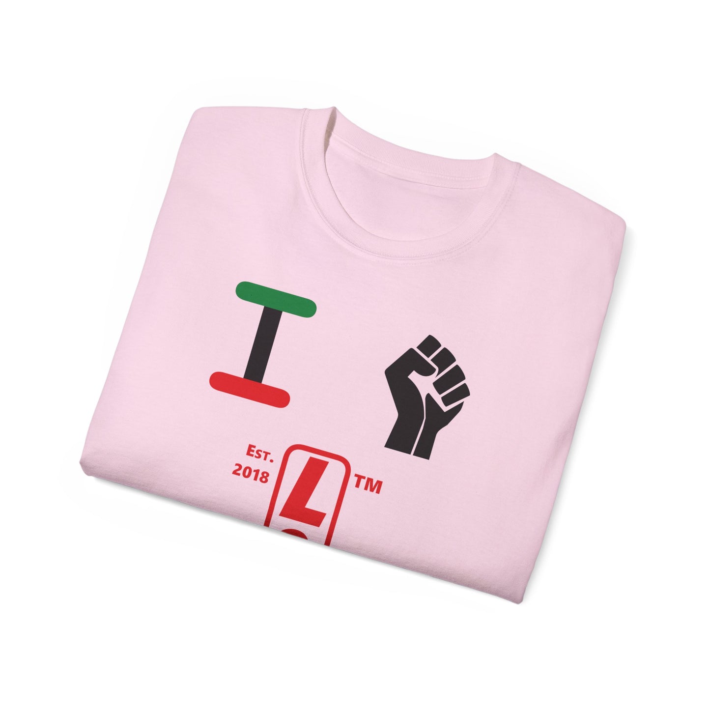 I fist LongD Cotton Tee positive horizontal striped Chicago upright logo (Juneteenth colors)