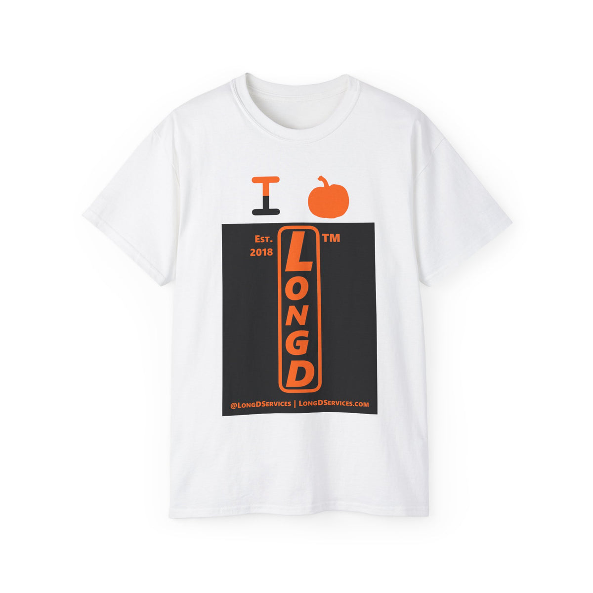 I pumpkin LongD Tag-domain upright logo positive orange on negative black cotton tee