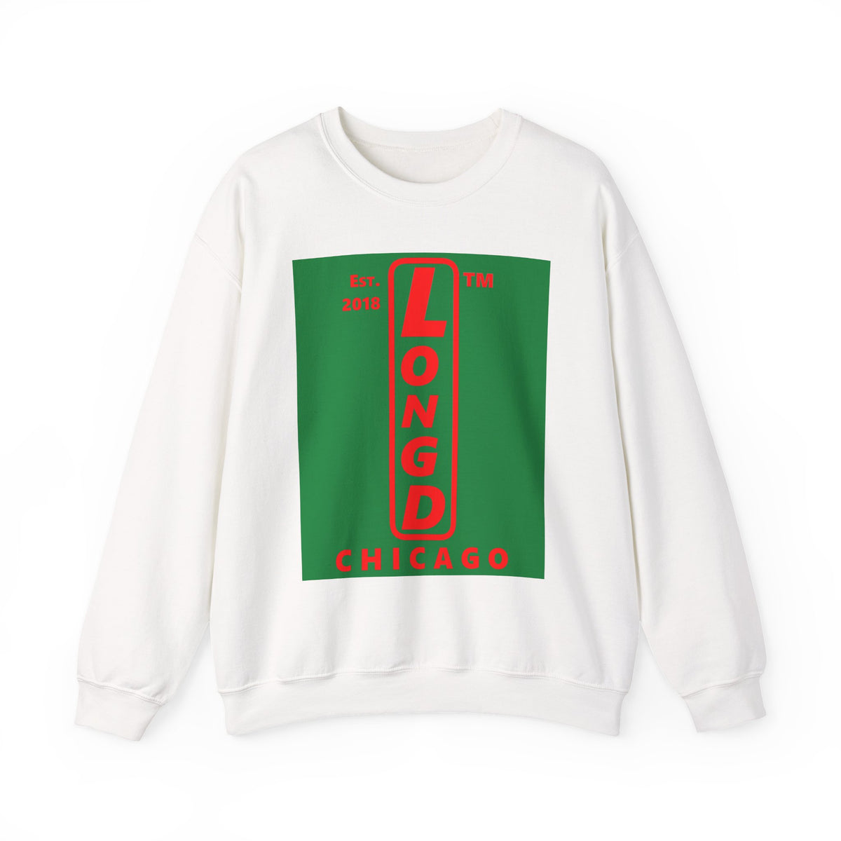 LongD Chicago upright logo positive red on negative green (Xmas colors) crewneck sweatshirt