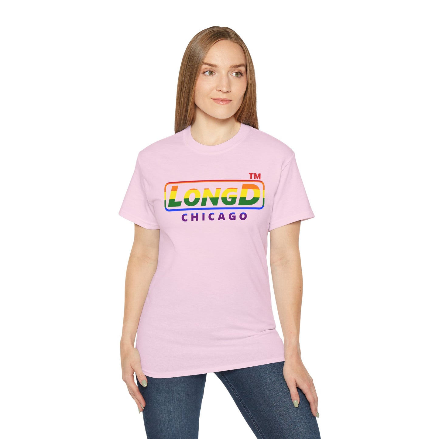 LongD positive vertical striped front-back Chicago logo cotton tee (Pride colors)