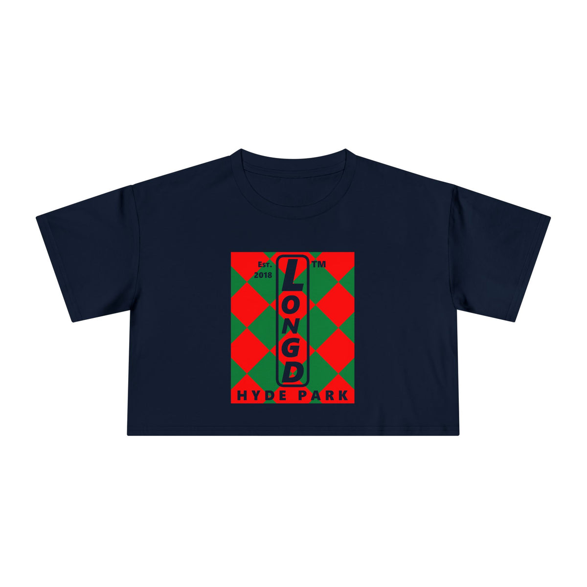 LongD Hyde Park negative upright argyle logo (Xmas colors) crop tee