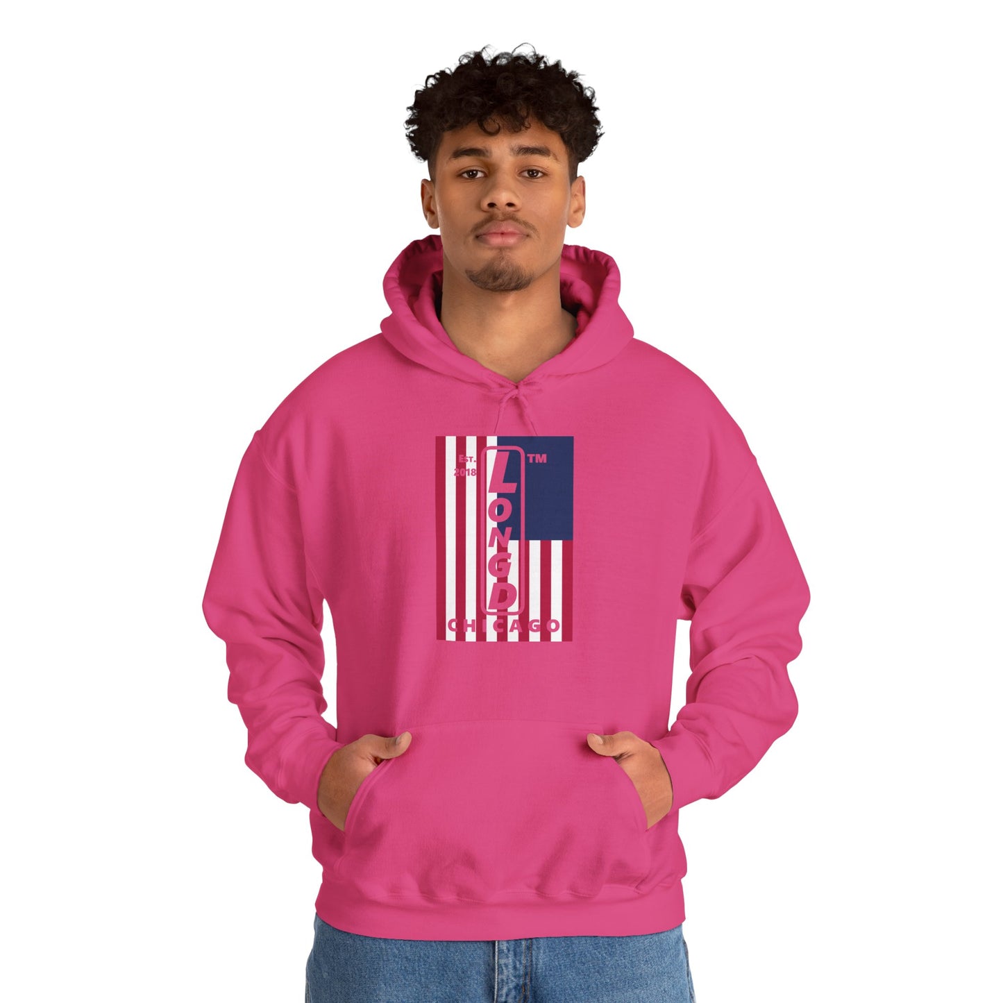 LongD® negative cropped flag upright Chicago logo hoodie