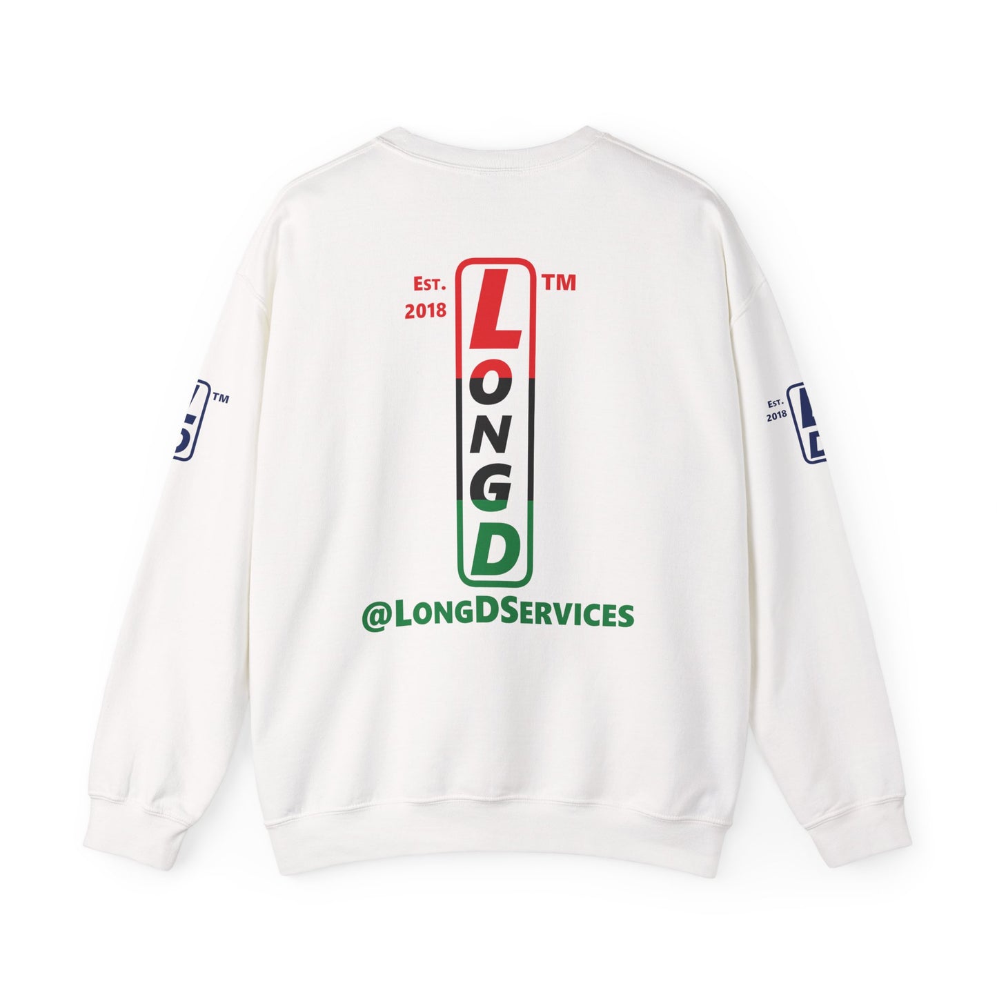 I Fist LongD positive horizontal 3-striped tag upright 4-print logo crewneck sweatshirt