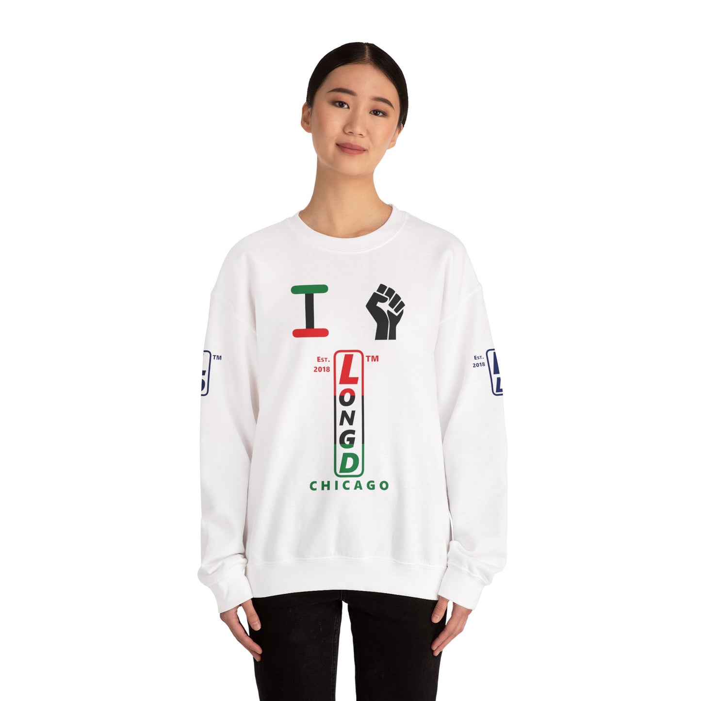 I Fist LongD positive horizontal 6-striped Chicago upright 4-print logo crewneck sweatshirt