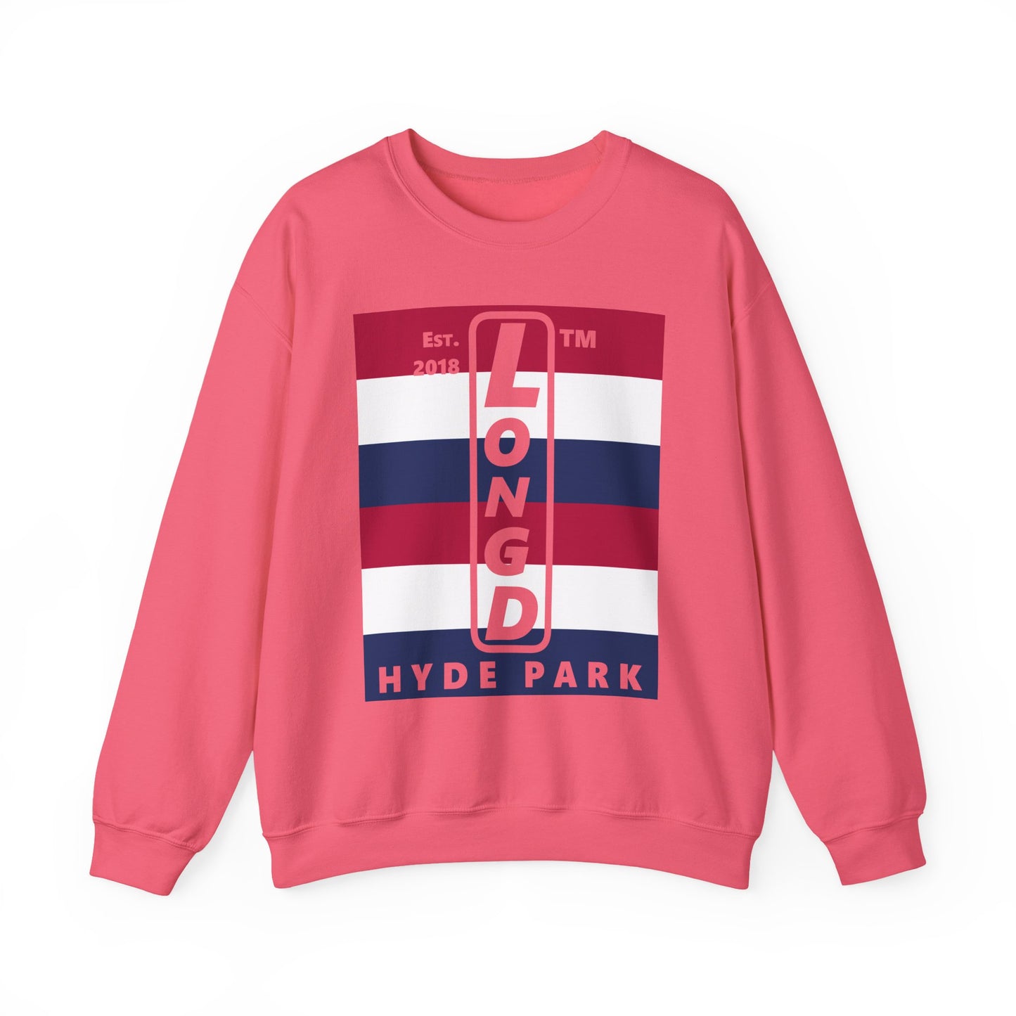 LongD negative horizontal 6-striped Hyde Park upright logo crewneck sweatshirt (patriotic colors)