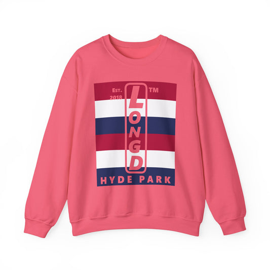 LongD negative horizontal 6-striped Hyde Park upright logo crewneck sweatshirt (patriotic colors)