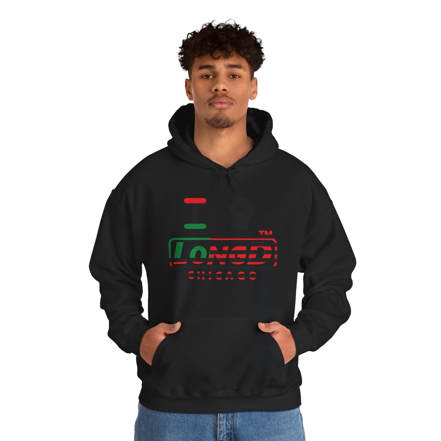 I fist LongD® positive flag front-back Chicago logo Hoodie (Juneteenth colors)