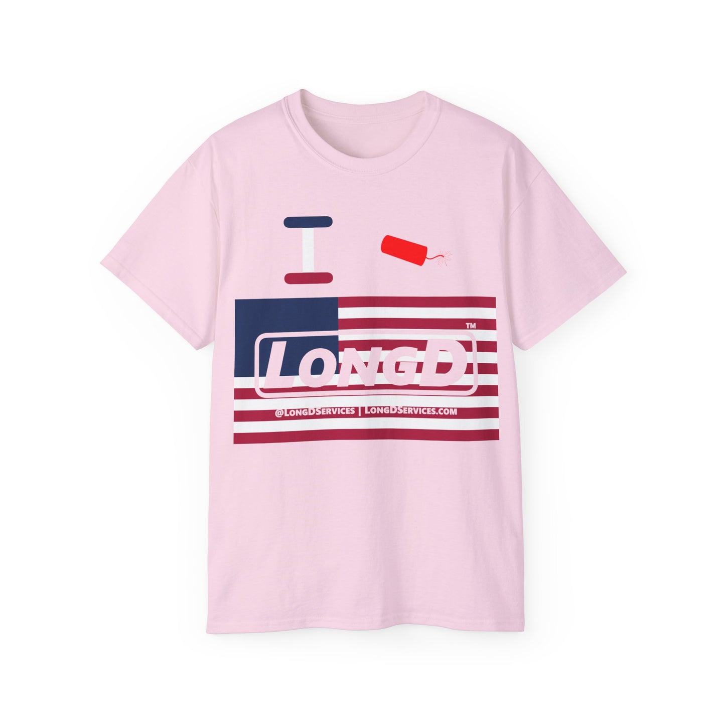 I Firecracker LongD® Logo Cotton Tee Red, White and Blue negative flag text