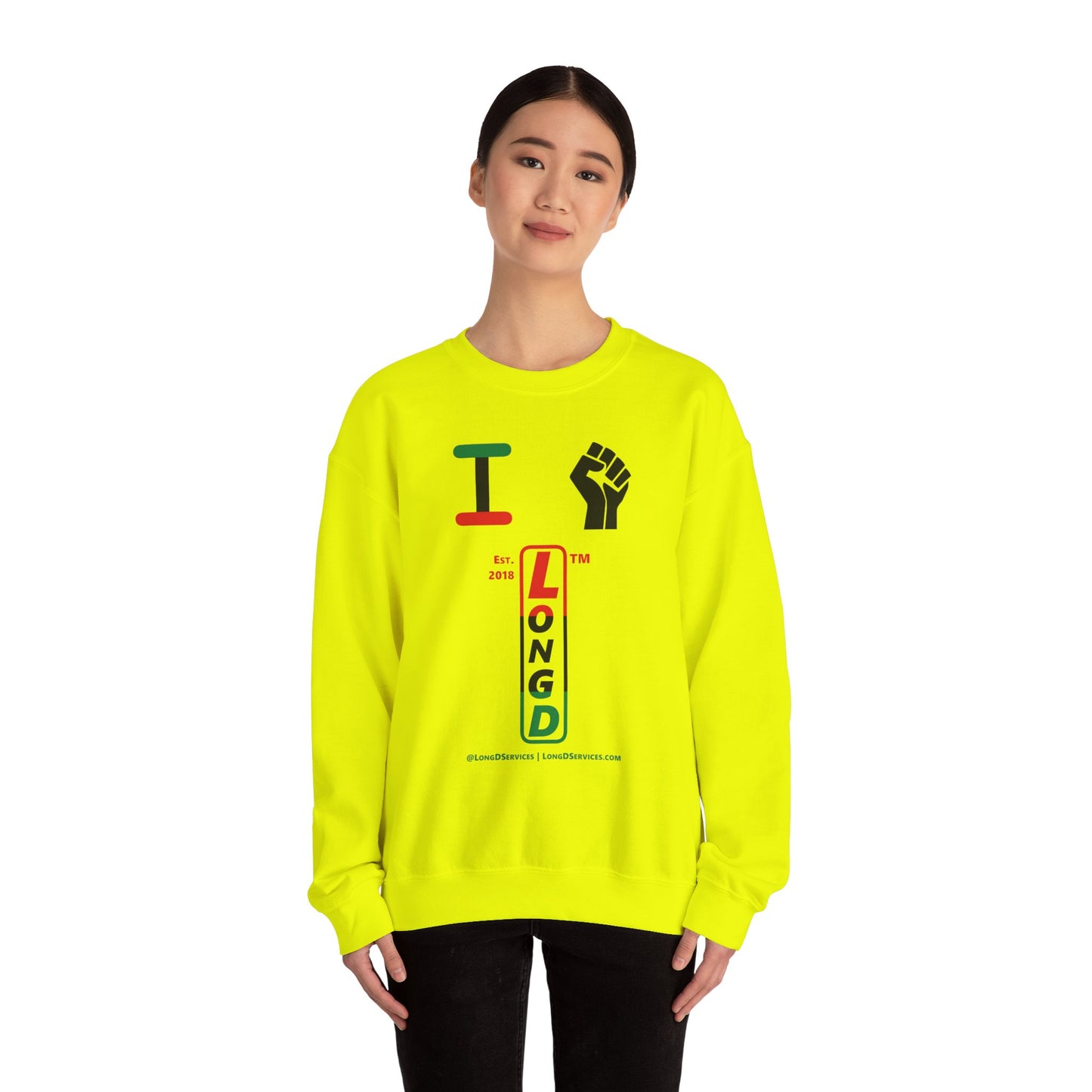 I Fist LongD positive horizontal 3-striped tag-domain upright logo crewneck sweatshirt