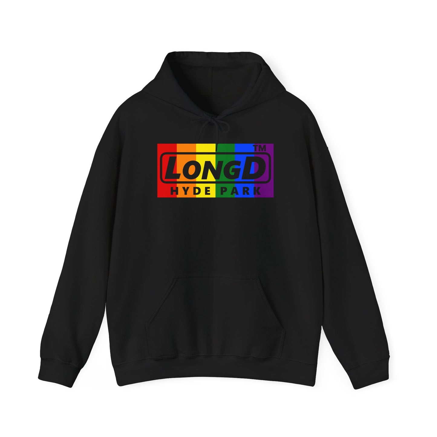 LongD® negative vertical striped Hyde Park logo hoodie (Pride colors)