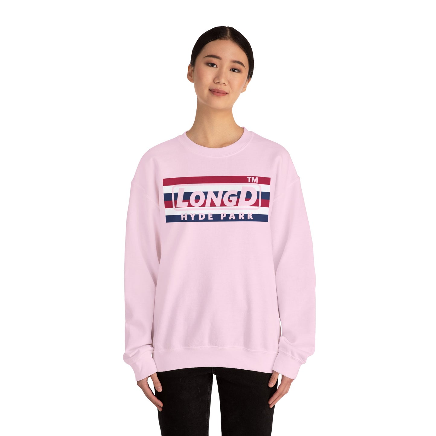 LongD negative horizontal 6-striped Hyde Park logo crewneck sweatshirt (patriotic colors)