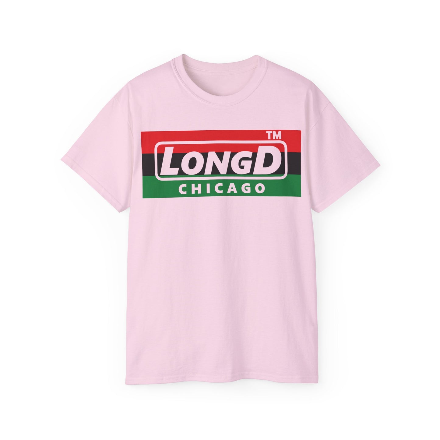 LongD negative horizontal 3-striped Chicago logo cotton tee (Juneteenth colors)