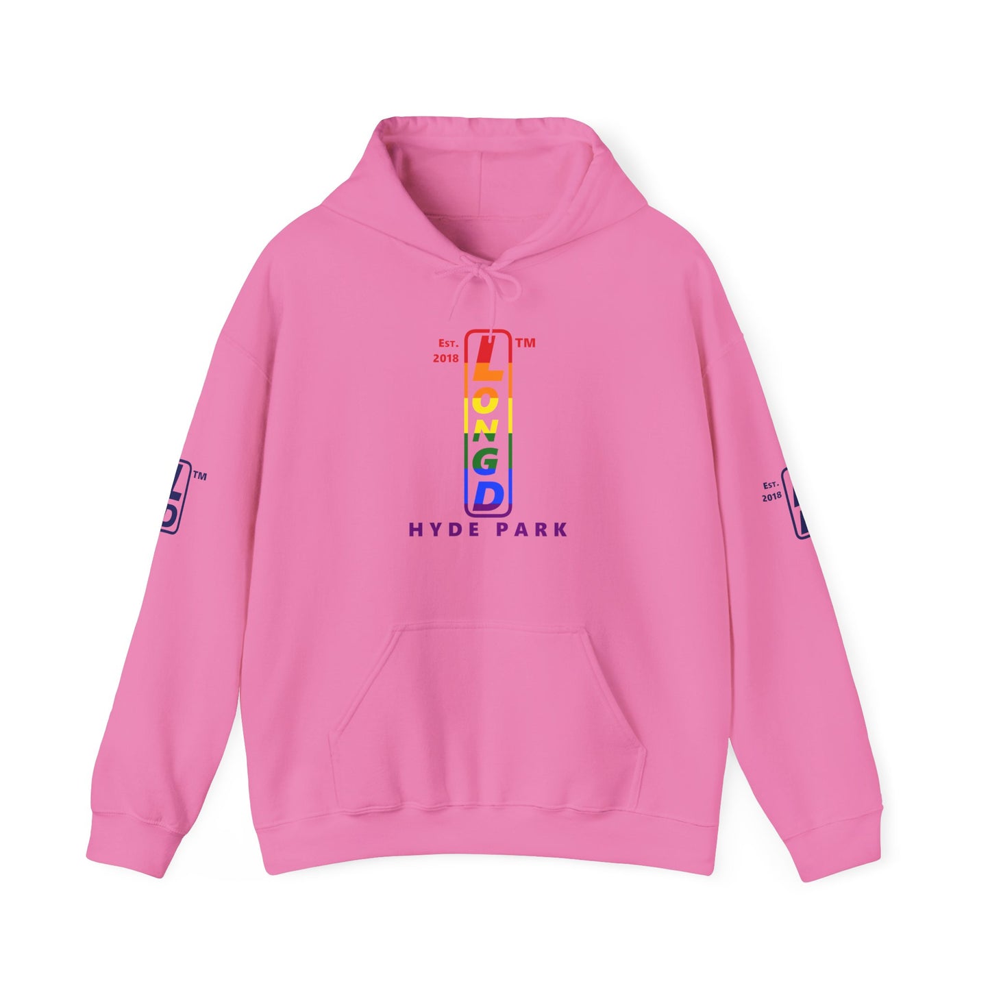 LongD® positive horizontal 6-striped Hyde Park 4-print upright logo hoodie (Pride colors)
