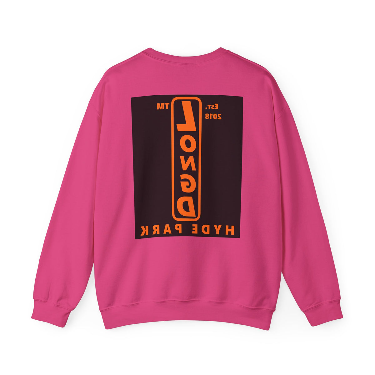 LongD Hyde Park upright front-back logo orange (FE7518) on Black (000000) crewneck sweatshirt