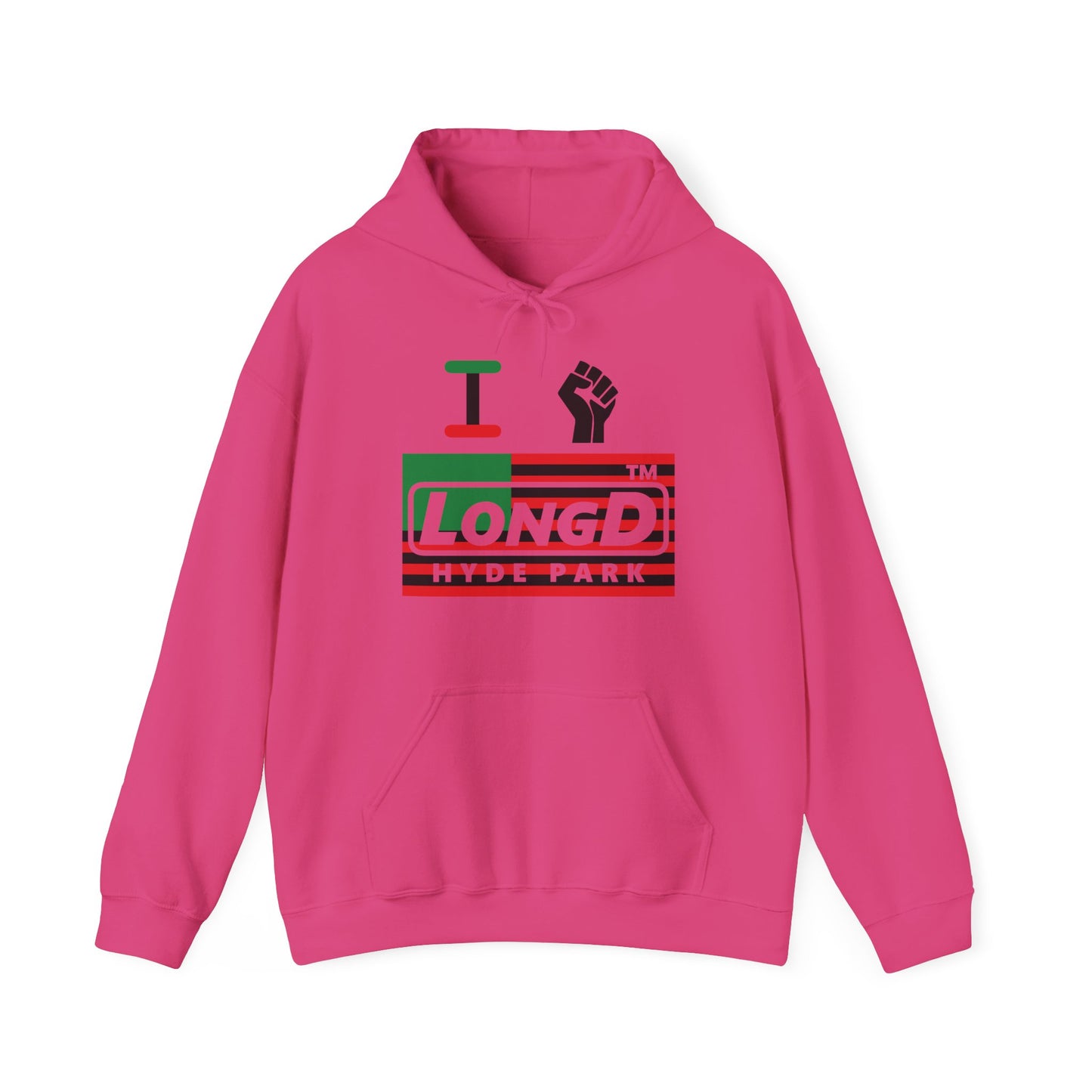 I fist LongD® negative flag Hyde Park logo Hoodie (Juneteenth colors)