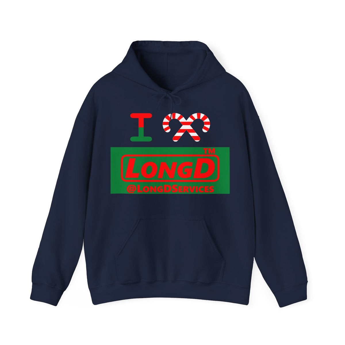 I candy cane LongD Tag logo positive red on negative green hoodie