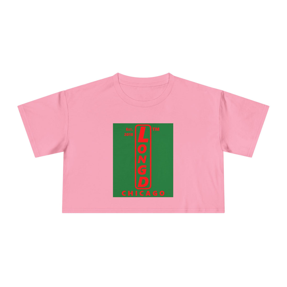 LongD Chicago upright logo positive red on negative green (Xmas colors) crop tee