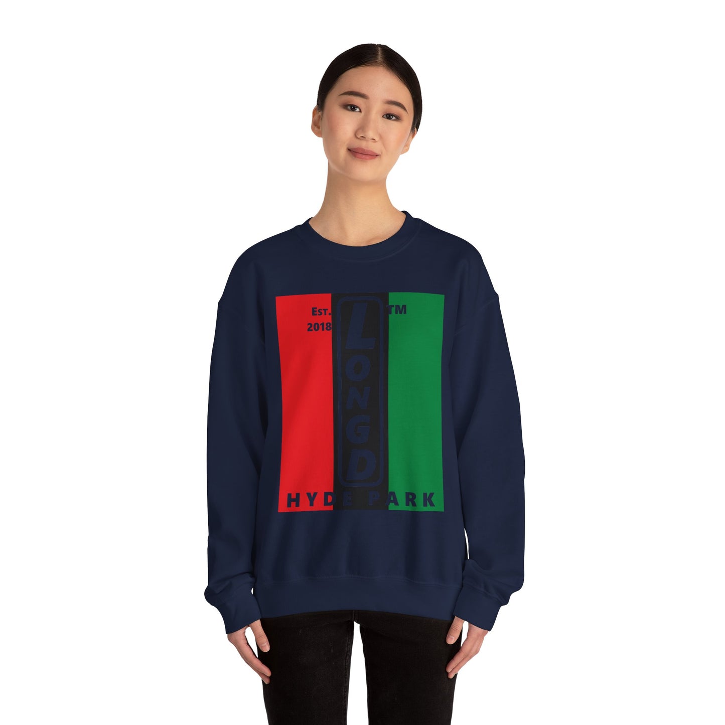 LongD negative vertical 3-striped Hyde Park upright logo crewneck sweatshirt (Juneteenth colors)